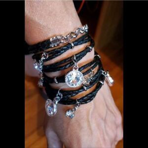 CORAVANA "DAYDREAM" BLACK LEATHER BRACELET W/ SILVER CRYSTAL CHARMS